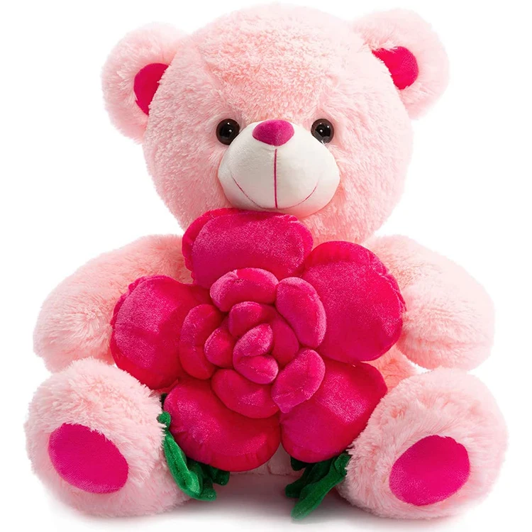 2020热销毛绒软粉色情人节礼物泰迪熊毛绒玩具带捧红花