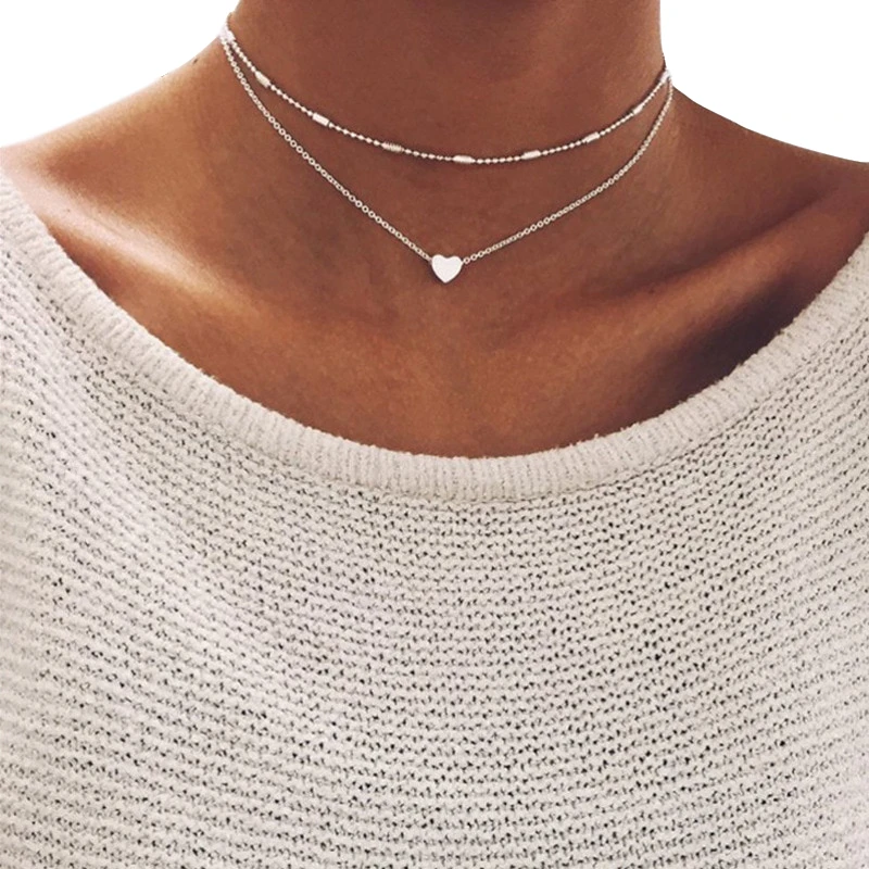 

European and American Trendy Simple Heart Pendant Necklace Peach Heart Multilayer Collar Necklaces for Women Jewelry Accessories, Gold, silver