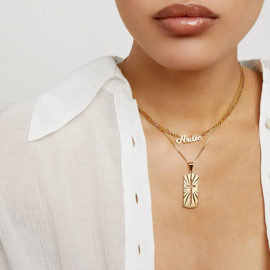 

Gold Plated Rhinestone Letter Pendant Stainless Steel Crystal Name Personalized Figaro Chain Necklace, Gold, silver, rose gold