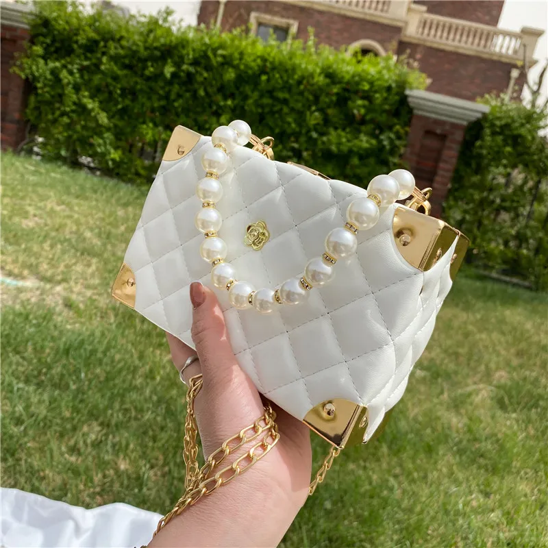 

2021 hot selling pearl handle women hand bags ladies shoulder crossbody leather summer purses with chain, 5 colors