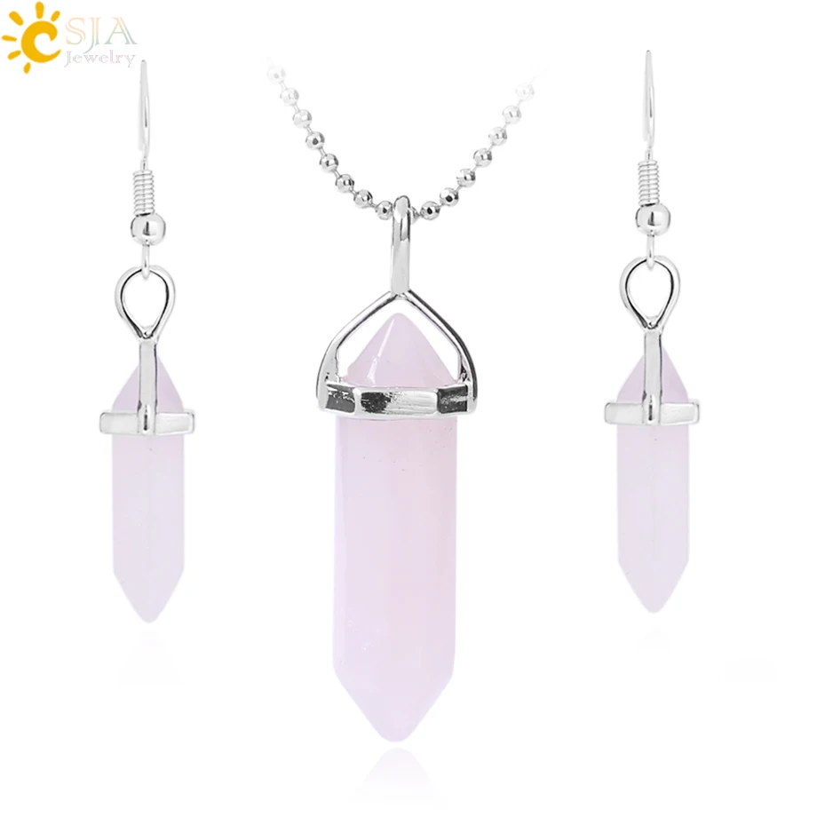 

CSJA women natural stone jewelry set hexagon bullet crystal pendant necklace earring jewellery set E384