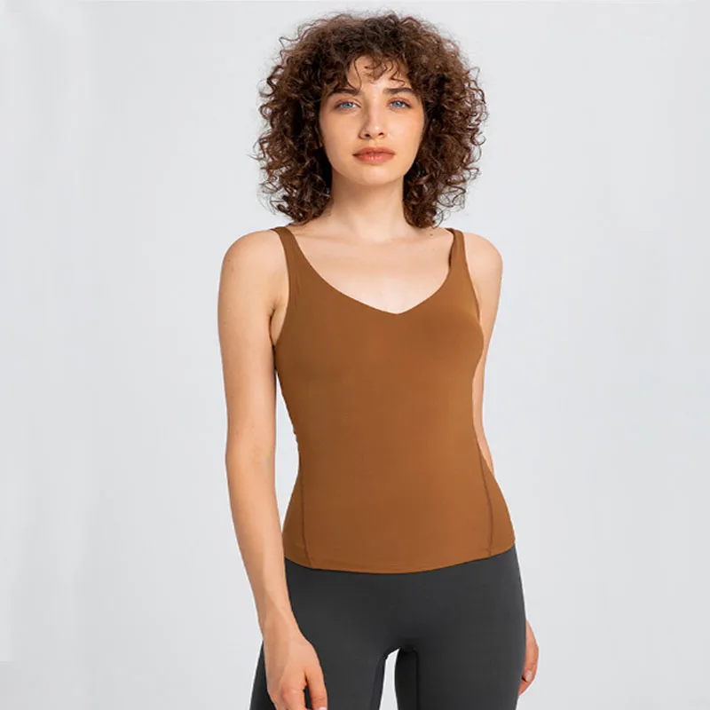 

Earthy tones prired with naked feel women gym tank top with padding bra sport bra womens yoga vest strap backless, Fashionable