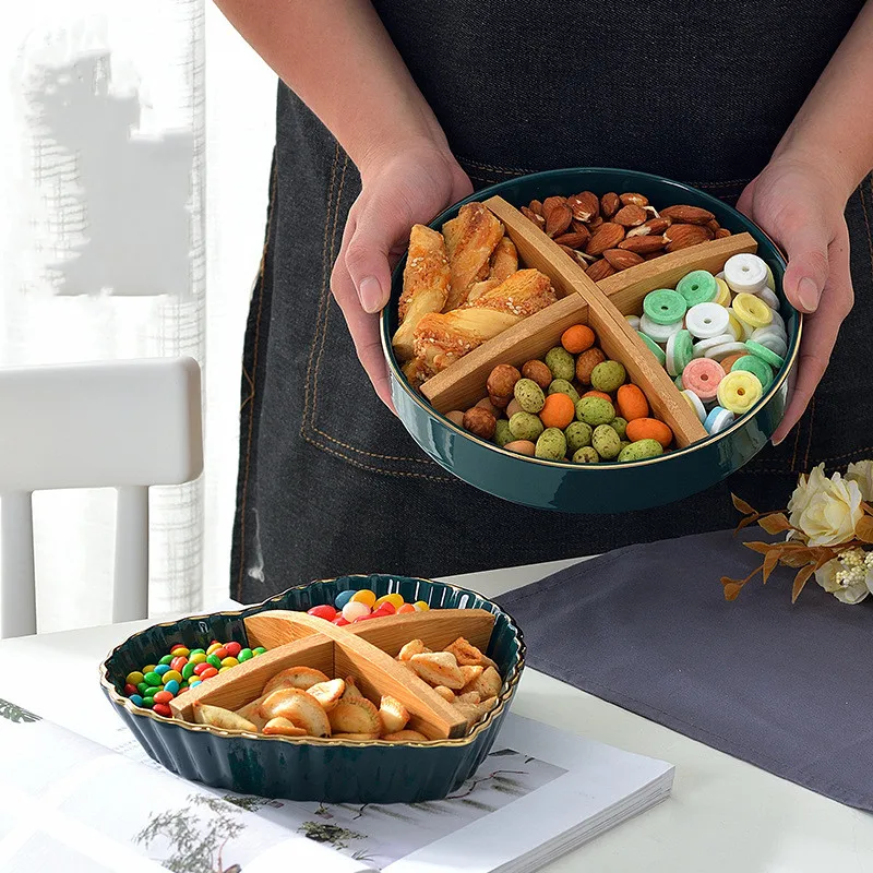 

Creative Snacks Grid Plate Dark Green Gold Edge Nut Dried Fruit Ceramic Plate Candy Assortment Fruit Jelly Dessert Plate, Pink