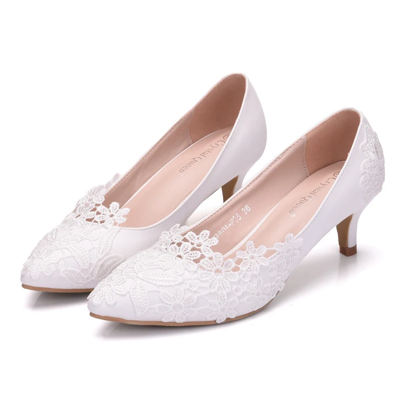 

Elegant simple lace flower wedding shoes white 5cm high heel bridal shoes