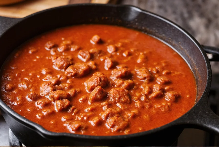 Texas-style beef chili in cast iron pot with deep red color and visible meat chunks