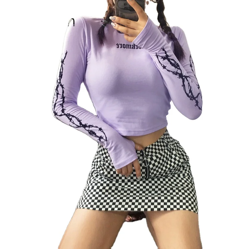 

Purple Fashion Style Graphic Tees Sweetown Harajuku Crop Top Long Sleeve Turtleneck T Shirt Women Printed Kawaii Tshirt