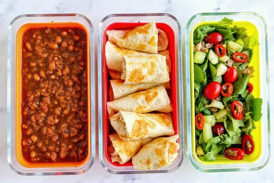 Colorful meal prep containers with different recipes using canned chili beans including chili, burritos, and salads