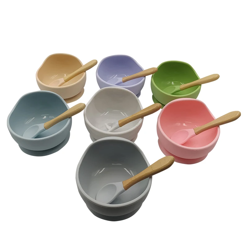 

Food Grade silicone Eco-friendly Multi-colored Silicone Baby Bowl with Spoon novel bow with wooden spoon, Green, pink , dusty blue. light purple , marbling,flaxen,gray