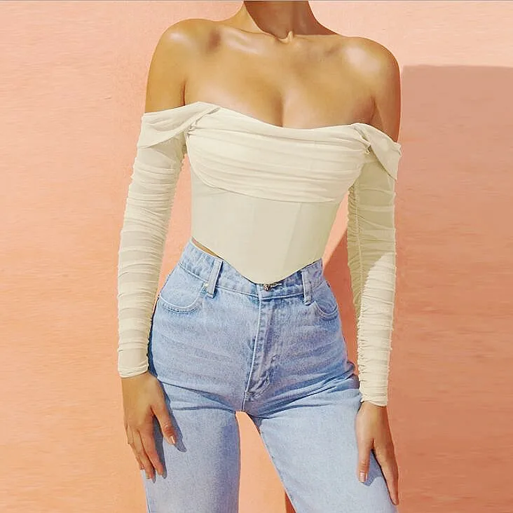 

Ladies Long Sleeve Mesh Blouse Tops Fall See Through Off Shoulder Lining 2 Layer Boned Bodycon Shirt Women Crop Top C14065