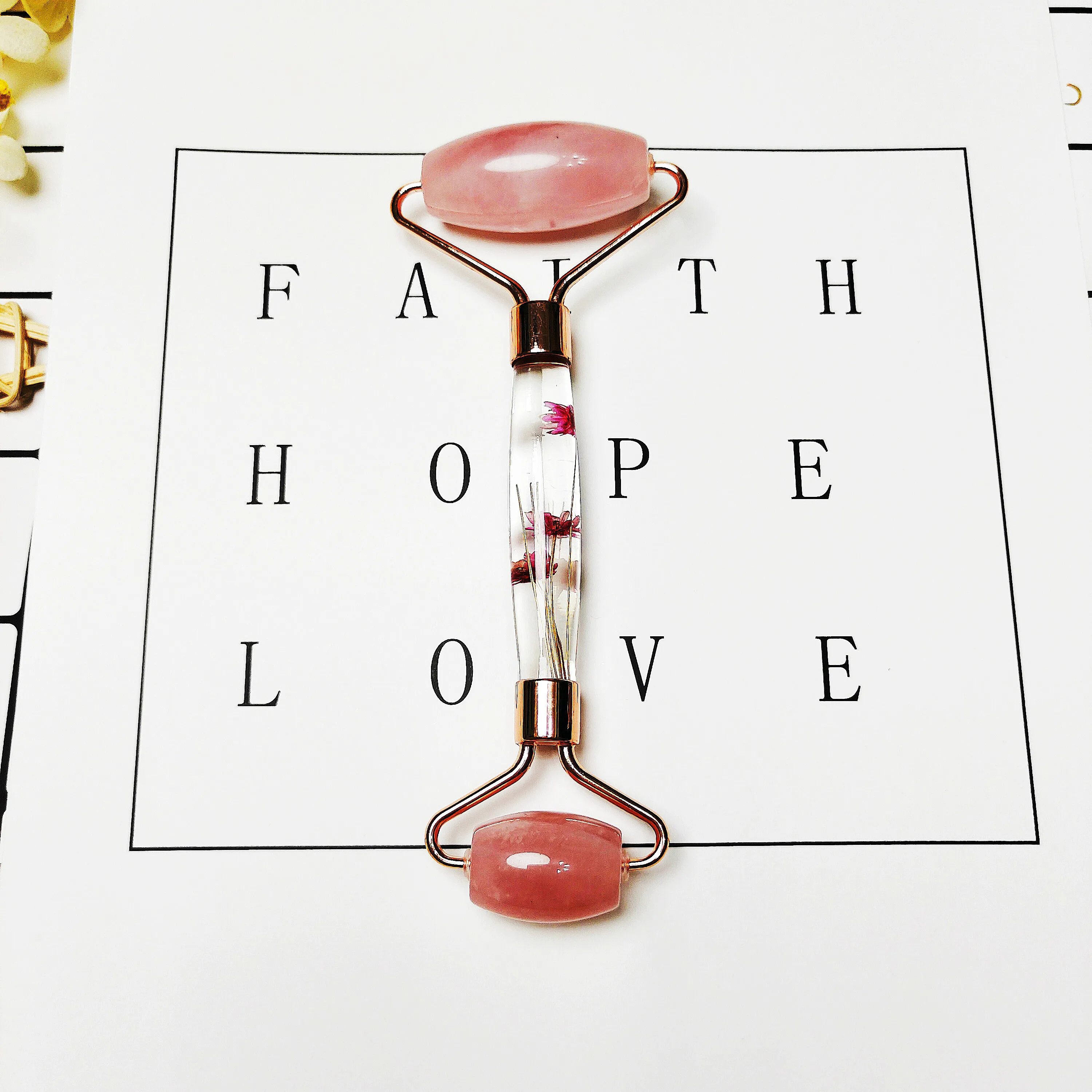

Real Flower Infused Handle Rose Quartz Anti Aging Home SPA Gift Tools Pink Massage Jade Roller
