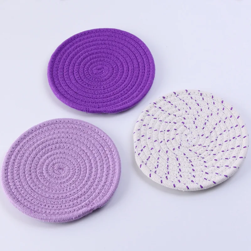 

Wholesale 3 set of Round Braided Natural Woven Placemats Heat Resistant Cotton Placemat, Purple