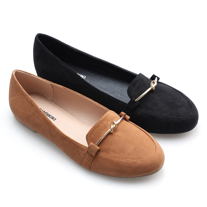 

stock Women fashion causal outdoor microfiber upper with gold buckle soft insole slip on loafer flat shoes, Black/tan