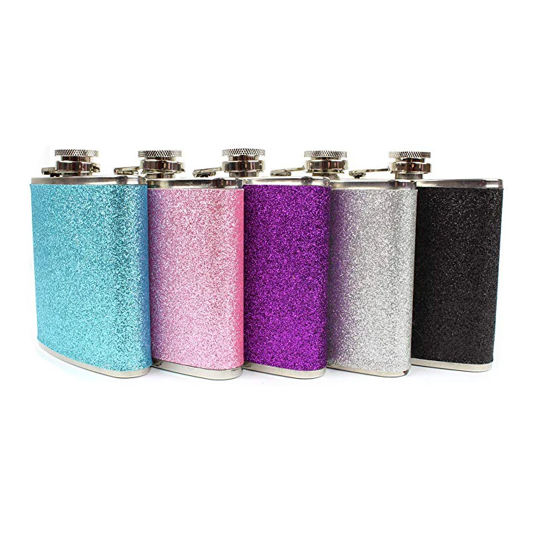 

8oz Stainless Steel customized logo With Colorful Glitter alcohol wine bottle Hip Flask, Customed color