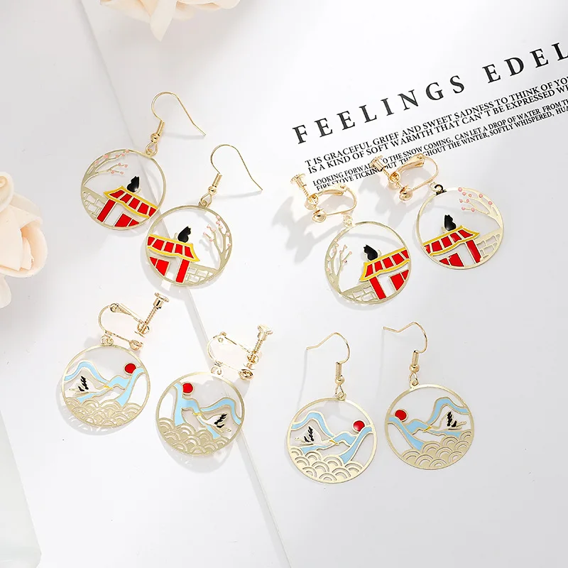 

Chinese style earrings temperament female fairy crane cat geometric round hook earrings non pierced ear clip earrings, As picture show