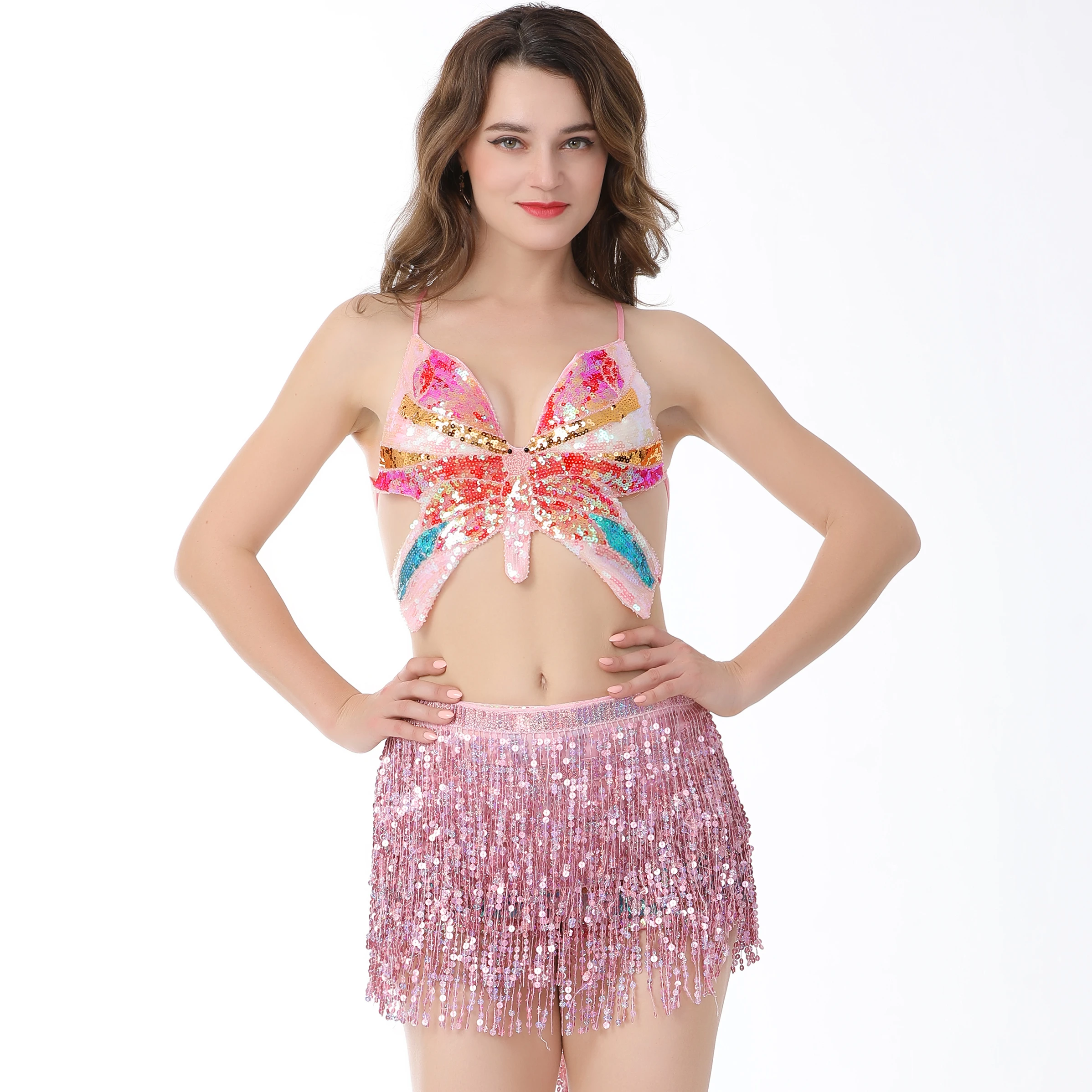 Two Piece Belly Dance Outfit Sequin Butterfly Crop Top & Fringe Skirt