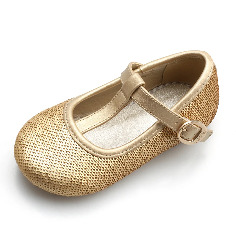

Baby cute soft gold sequin upper with T bar strap buckle round popular toe gold leather soft pu flat ballets