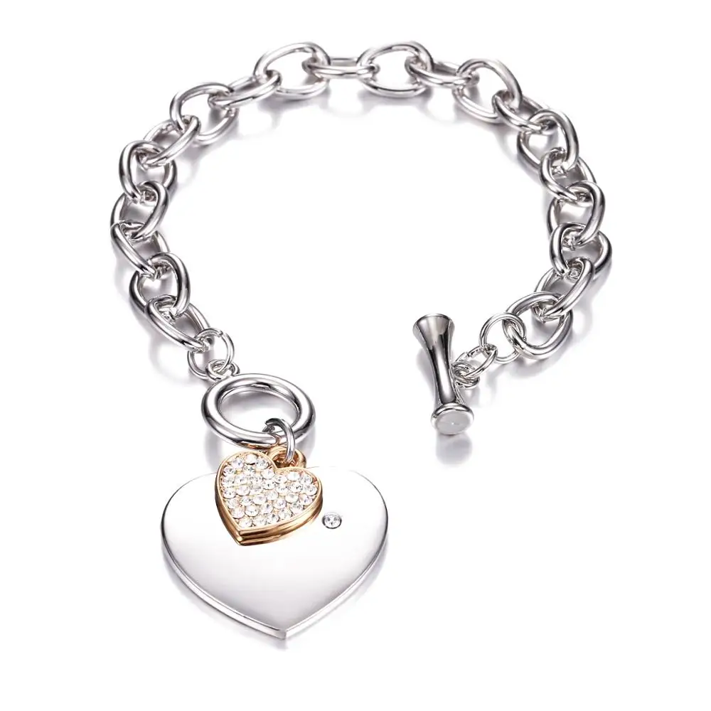 

Fashion Hot Jewelry High Quality Gold Silver Plated Love Double Heart Big Link Chain Bracelet Wholesale Dropship, Silver/kc gold