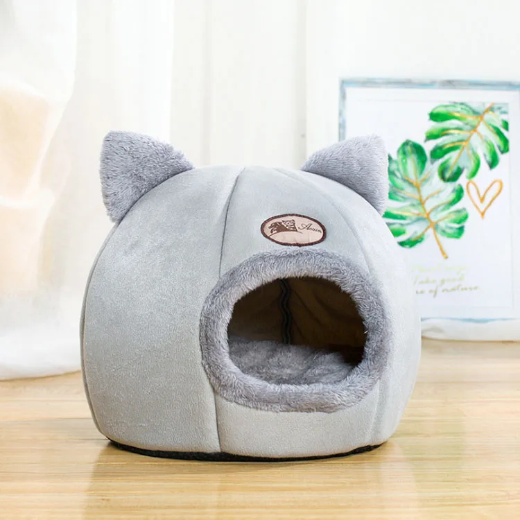

Custom semi-enclosed winter keeping warm fluffy deep sleep pet dog cat amazon hot sell cat shaped nest bed house, Grey
