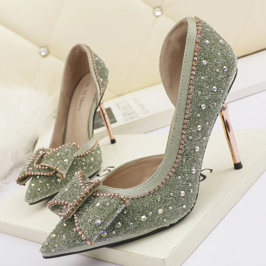 

Hot sale wholesale thin heel pointed toe side empty rhinestone women high heels pumps