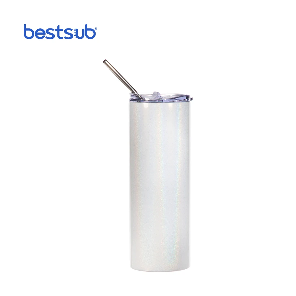 

20oz 600ml Double Wall Insulated Sublimation Blank White Stainless Steel Sparkling Rainbow Straight Skinny Tumbler with Straw