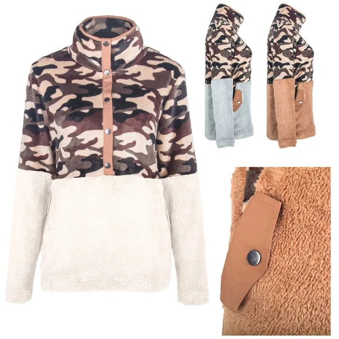 

Wholesale Fashion Hot Sale Half Button Camo And fleece Women's Pullover, 3 colors