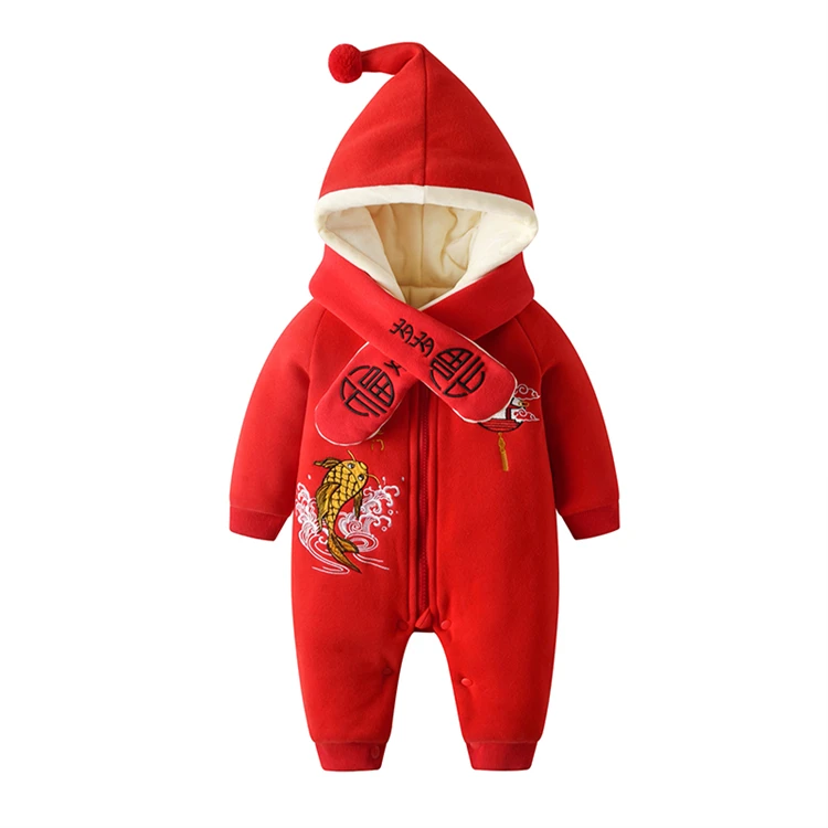 

Popular Chinese New year joyous 100% cotton thicked baby rompers outside jumpsuit, Fish/"fu"word