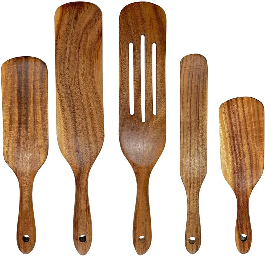 

Amazon Hot selling 5 PCS Natural Teak Wooden Spurtle Spatulas Spoons Set for Non-stick Cookware Kitchen Cooking