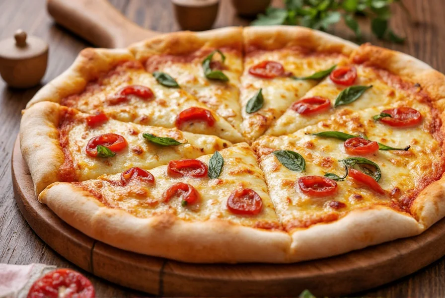 Artisan wild pepper pizza on wooden board showing thin crust with evenly distributed small wild peppers and melted cheese