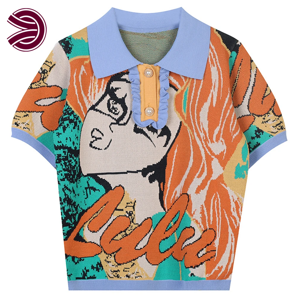 

2022 Smiling Sweet Cute Girl Summer New Knit Sweater Polo Collar Colorblock Short Sleeve T-Shirt Women's Top