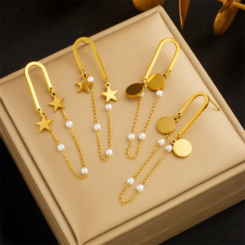 

Fashion 18k Gold PVD Plated Personalized Dangle Long Tassels Star Geometric Stainless Steel Earrings For Women Jewelry