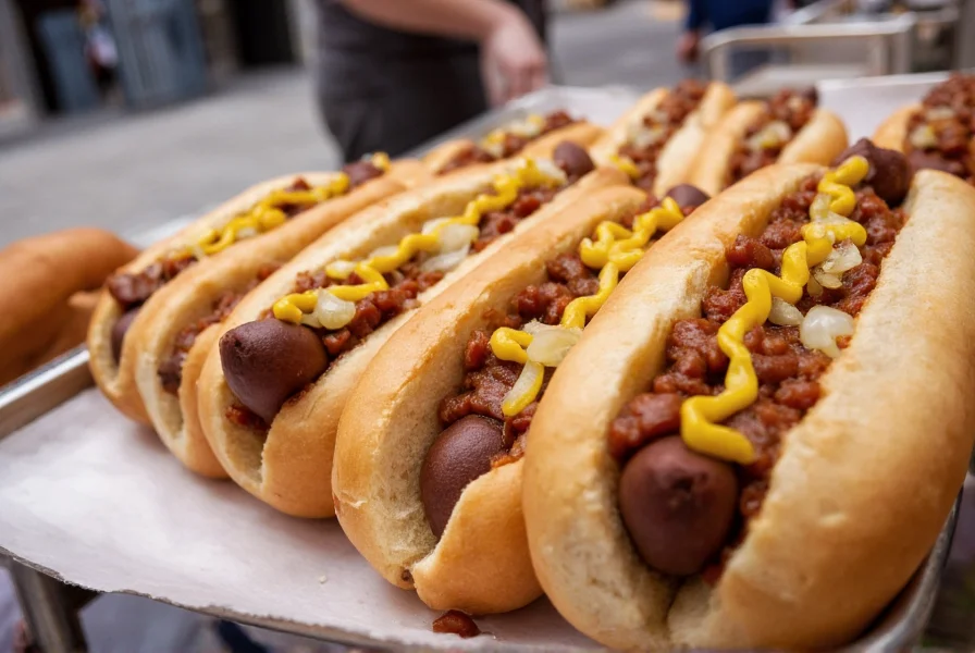 Authentic Manhattan chili dog on a street cart in New York City showing beanless chili, yellow mustard, and chopped onions on a steamed bun