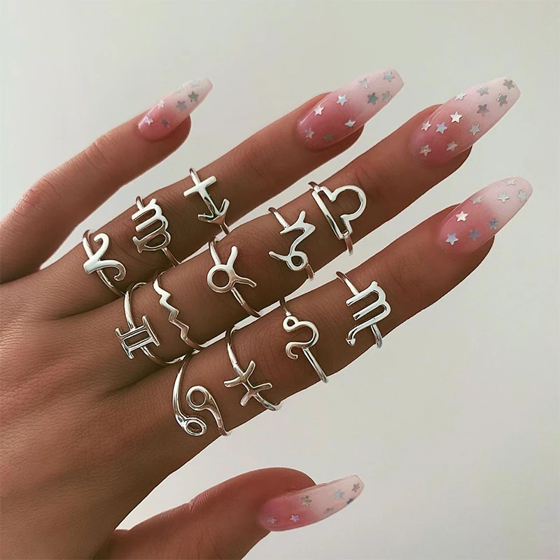 

Wholesale 12 Constellations Horoscope Rings Silver Plated Rings Set For Women