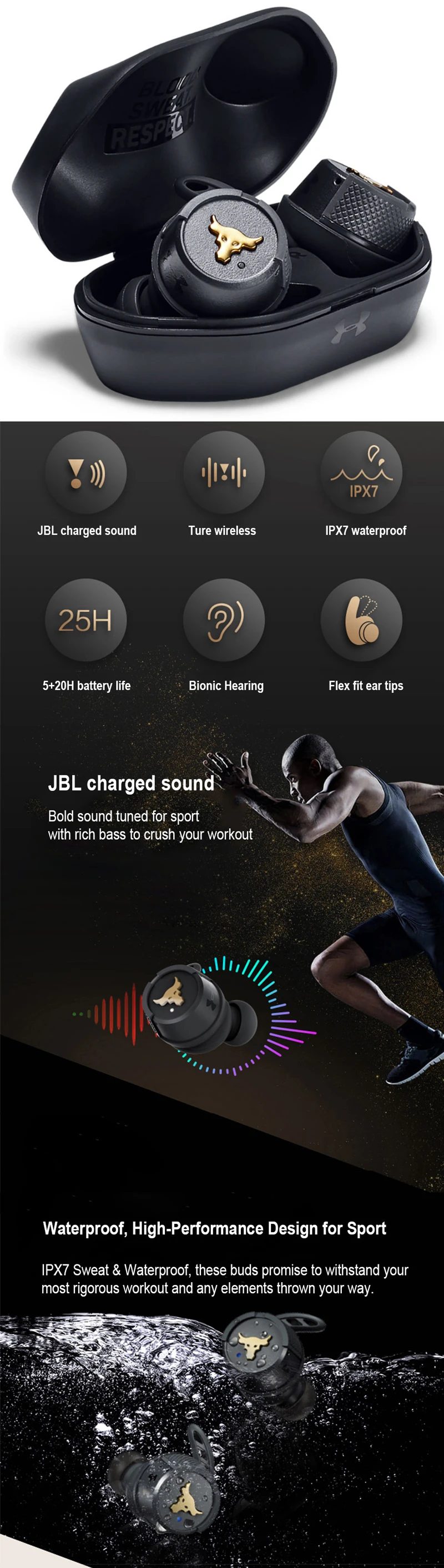 orignal JBL UA FLASH PROJECT ROCK True Wireless Earphone Bluetooth Sport Earbuds Waterproof Headphone Handsfree Call with Mic - ANKUX.COM