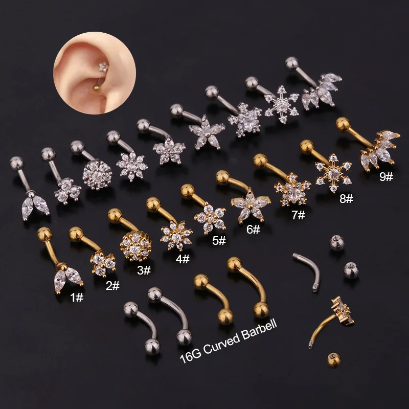 

Dainty Stainless Steel Fashion Jewelry CZ Curved Barbell Flower Helix Daith Rook Piercing, As picture