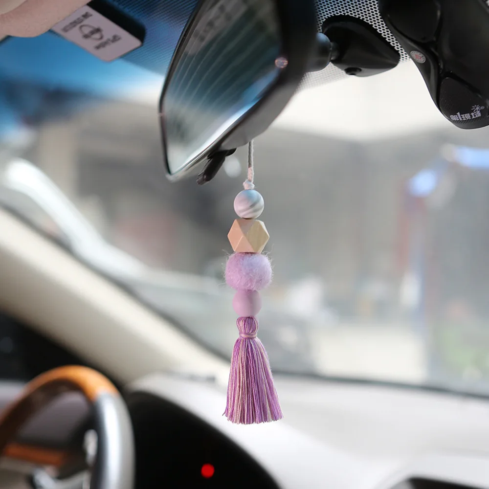 

Felt Ball Diffuser Essential Oil Wooden Bead Aromatherapy Car Charm Boho Tassel Car Interior Rearview Mirror Hanging Decor