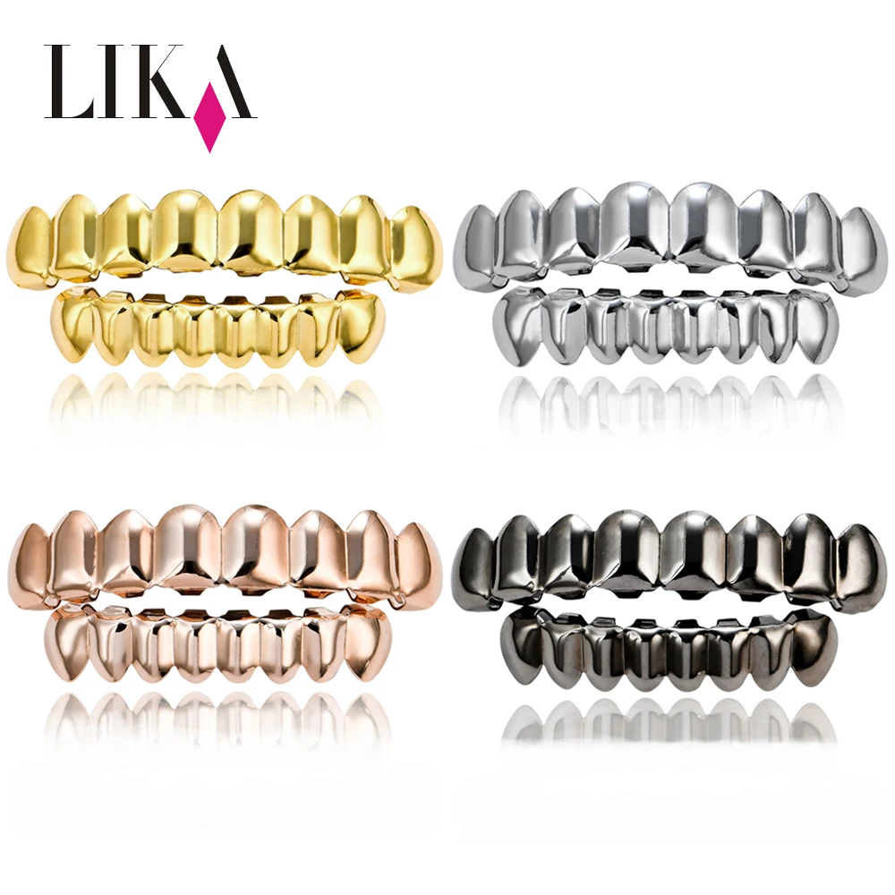 

LIKA 8Top & Bottom Tooth Grills Gold Grillz Smooth Surface Flat Teeth Veneers Gold Hip-hop teeth Accessories Grillz Grills, Silver gold rose