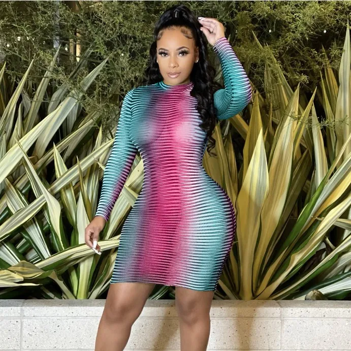 

X03679C Women Mini Dress Print Stretchy Bodycon Dresses Female Fashion Vintage Vestidos Half High Collar Clothes Casualwear Fall, Black