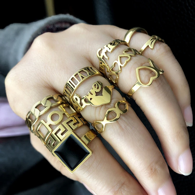 

Geometric chain Roman numeral titanium finger ring three piece set men women gold stainless steel rings, Gold silver