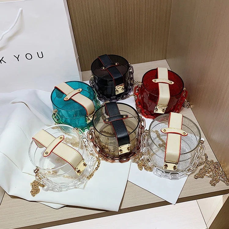 

2021 acrylic bucket chain handbag trendy bucket shape transparent shoulder messenger bag for women, White,red,black,transparent,green r