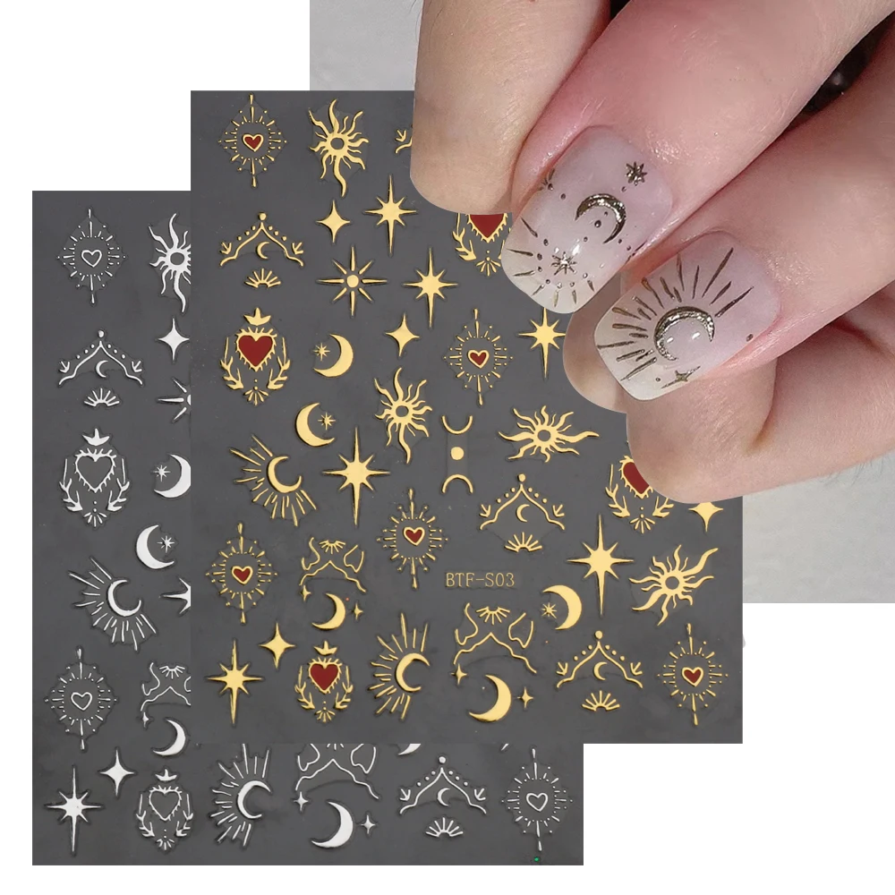 

TSZS New Design Bronzing Heart Stickers for Nails Gold Silver Star Moon Nail Adhesive Sliders DIY Nail Art Decals Accessories