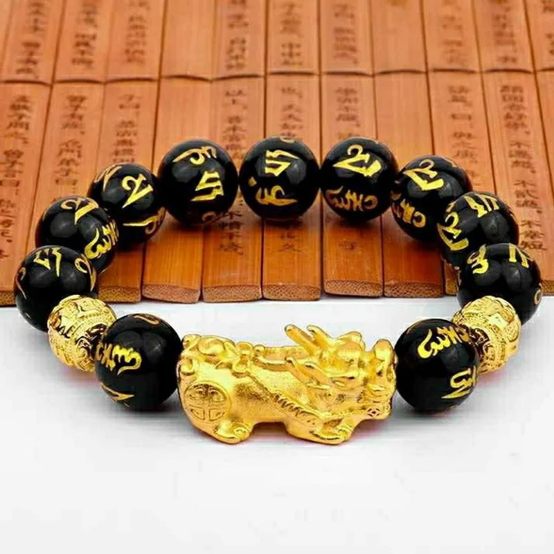 

Fashion Gold Silver Plated Six Word Mantra Black Obsidian Beads Women Good Lucky Fortune Wealth Piyao Feng Shui Pixiu Bracelet