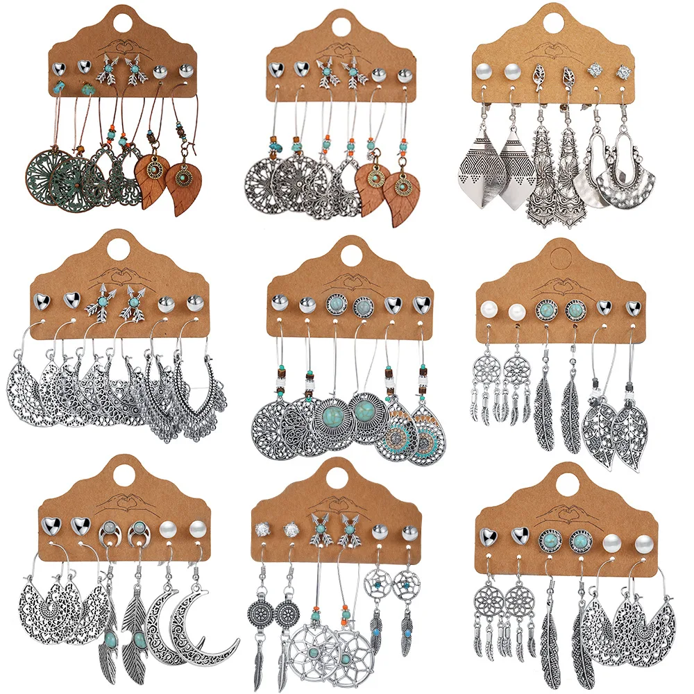 

Retro Creative 6 Pairs/ set Love Heart Hollow Semicircle Earrings Leaf Feather Stud Earrings Set, Silver plated