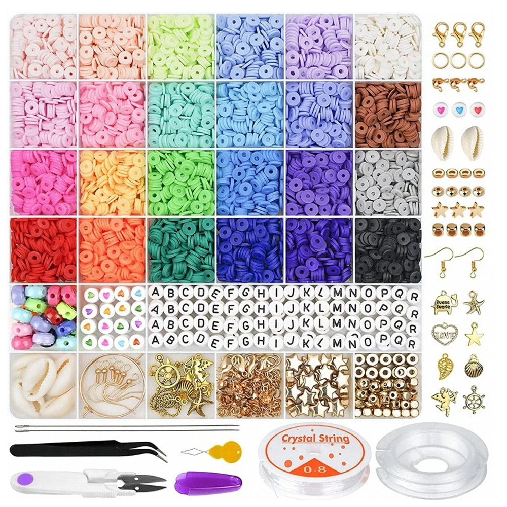 

JC 6000 Pcs Clay Beads Bracelet Making Kit 24 Colors Flat Round Polymer Spacer Heishi Beads with Charms