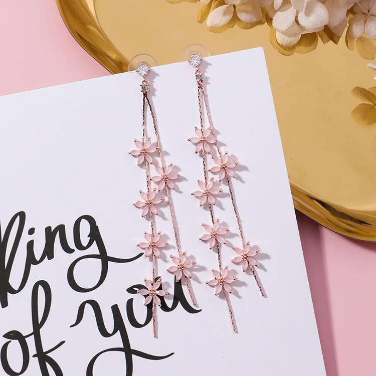 

New Korean Elegant Pink Flower Super Long Earrings For Women Fashion Simulated Pearl Tassels Drop Gift