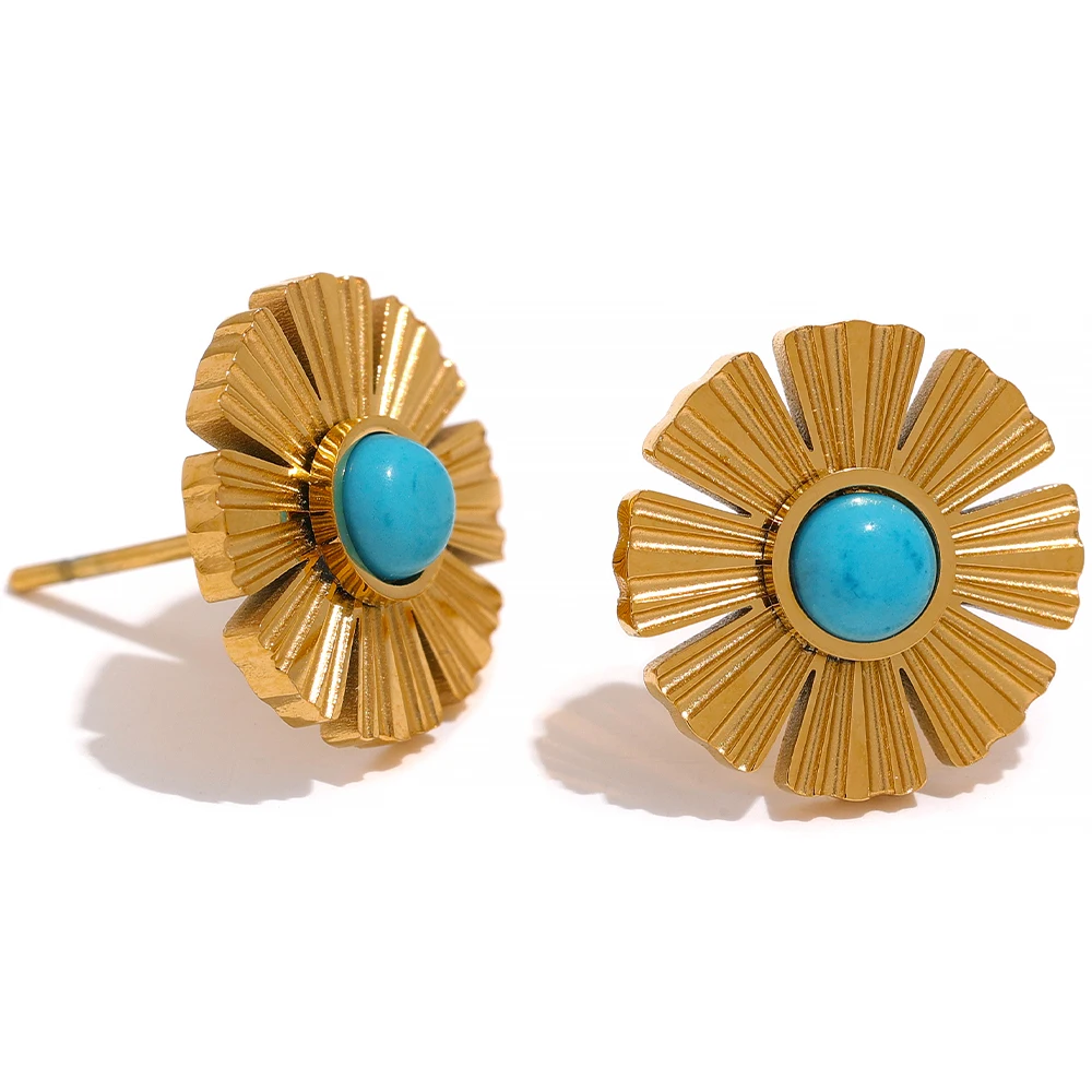 

JINYOU 080 Waterproof Gold Plated Blue Stone Daisy Flowers Stainless Steel Plant Stud Earrings Charm Fashion Chic Jewelry