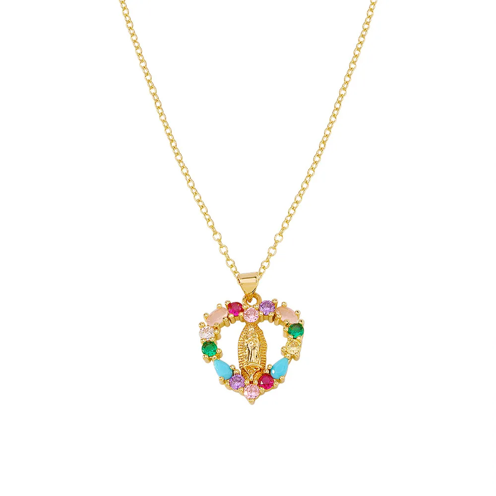 

Newest Design Colorful Zircon Hollow Heart Pedant Necklace 18K Gold Plated CZ Cross Necklace For Girls