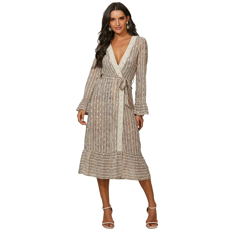 

Summer Women Boho Style Dress Elegant Party Dresses with Belt Long Dress, Black