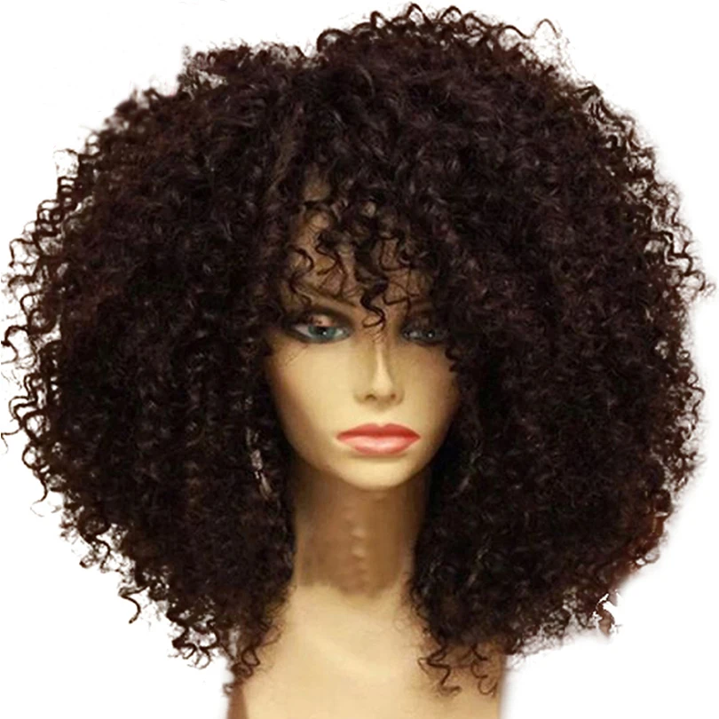 

Short Bob Lace Front Human Hair Wigs Bangs Afro Kinky Curly Brazilian Remy Hair Wigs Fringe wig With PrePlucked Full End, Natrual color wig