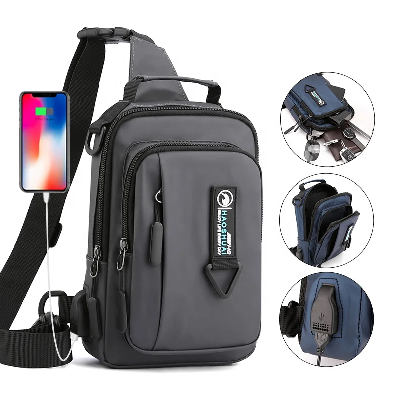 

New 2021utility waterproof chest bags sports shoulder USB chest bag men, Black