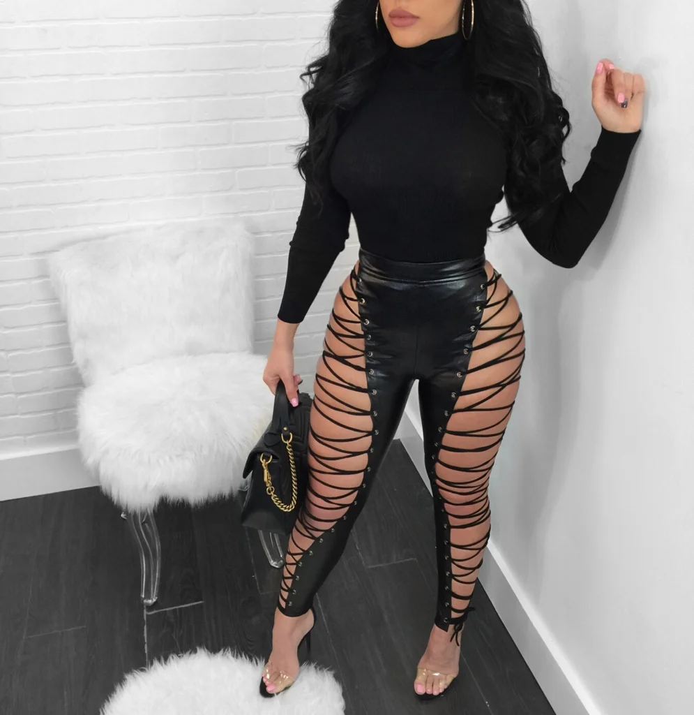 

Lady Black Strap Design Club Wear Dress Sexy High Waist Bandage PU Leather Pants Women